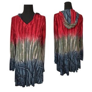 Parsley & Sage Hooded Dress Pullover V-Neck Tie Dye Fusion Long Sleeve